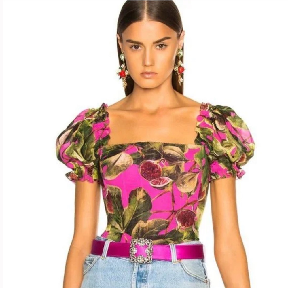 Dolce & Gabbana Georgette Fig Print Corset Puff Sleeve Top IT36 XS